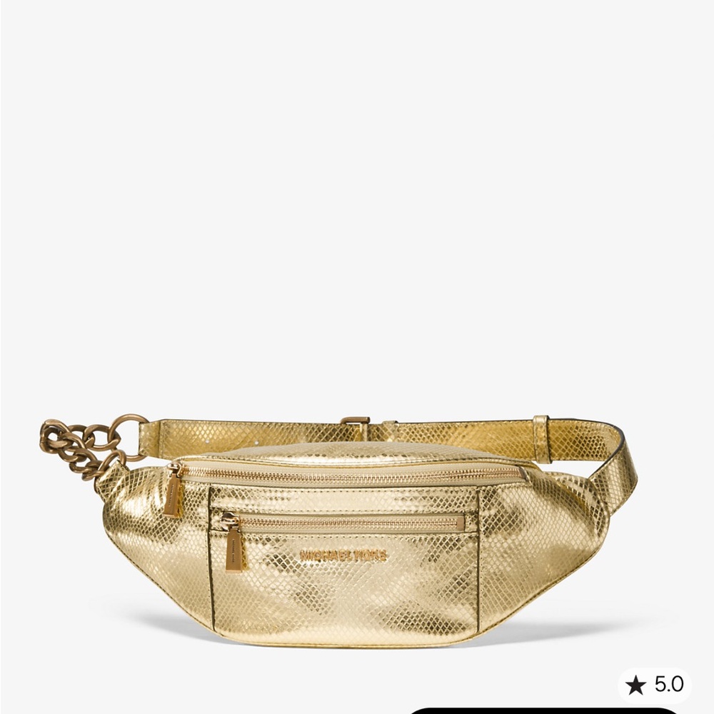 Michael Kors metallic gold snake-embossed leather belt bag.